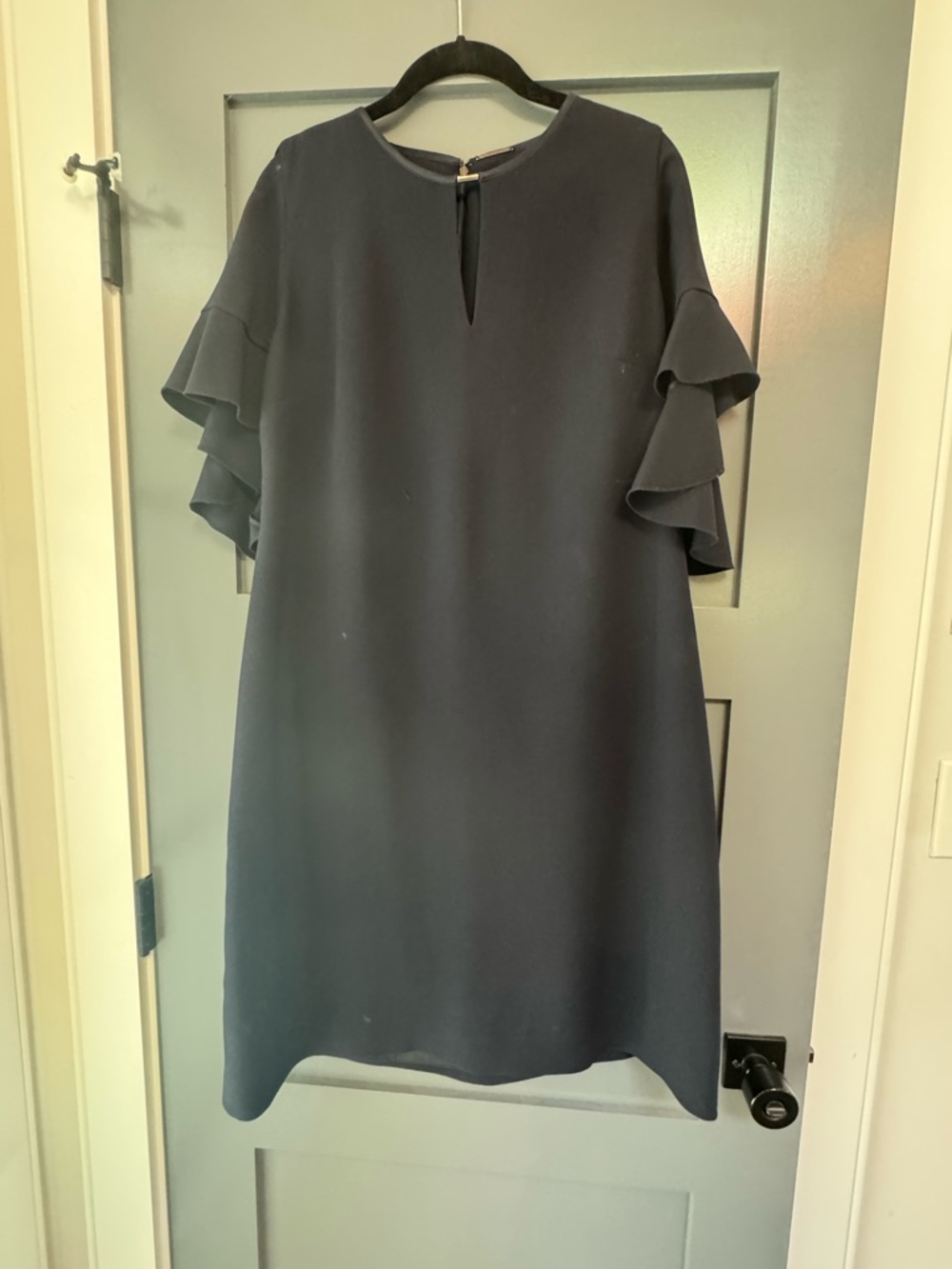 Navy ruffle sleeve shift dress